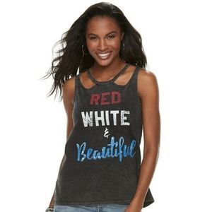 Rock & Republic gray acid wash red white beautiful graphics cut out tank L NWT